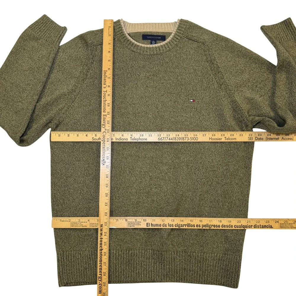 Tommy‎ Hilfiger Mens XL Olive Green Marled Cotton Crewneck Sweater Pullover Logo